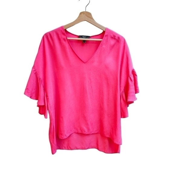 Nissa Tops - Nissa Pink Over-sized Tunic Blouse with Flutter, Viscose Fabric, Size Medium